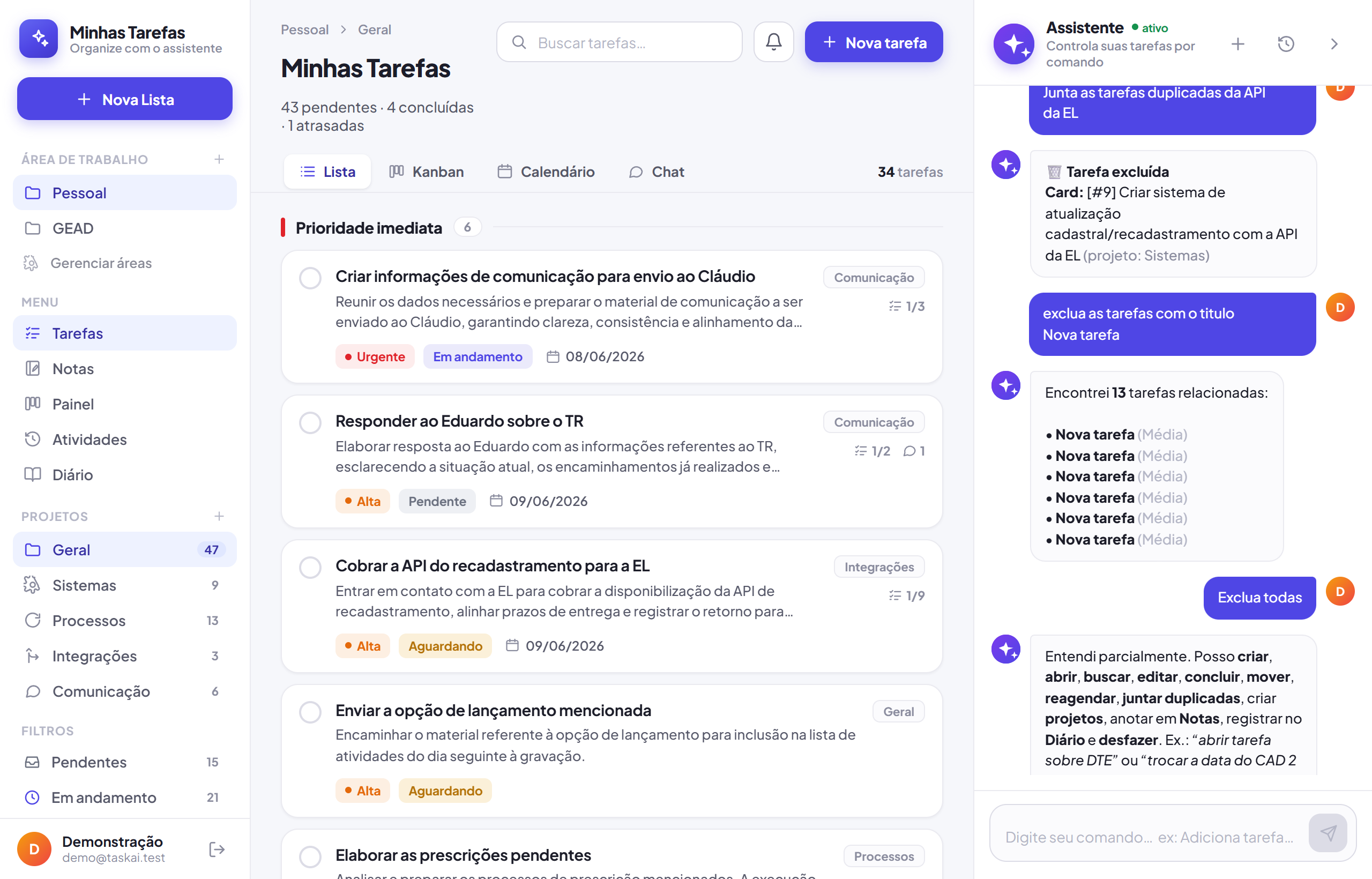 Lista de tarefas do Tarefas Chat
